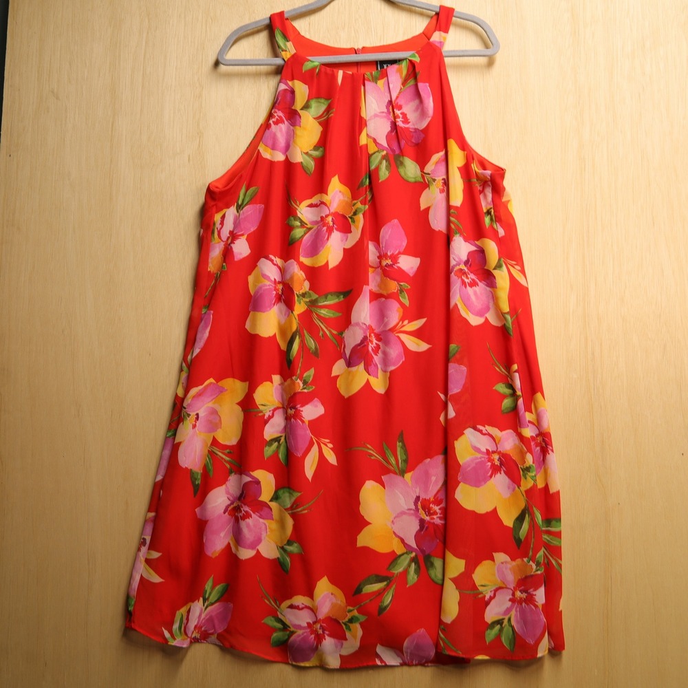 JH Red Floral Halter Neck Sleeveless Pleated Shift Dress Size 18 Tropical